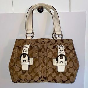 NWT Coach tan canvas  handbag with logo and white leather trim